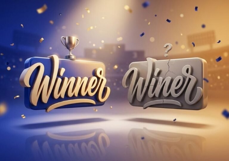 A vibrant 3D editorial illustration depicting the spelling contrast between "Winner" and "Winer." On the left, a glossy blue letter block features "Winner" in elegant gold calligraphic script topped with a small golden trophy under a bright spotlight. On the right, a dull grey block features "Winer" with a visible crack and a floating question mark overhead. Gold and blue confetti floats against a background gradient transitioning from royal blue to warm amber.