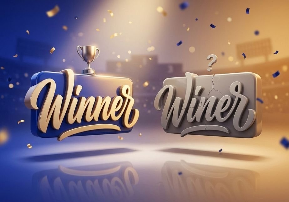 A vibrant 3D editorial illustration depicting the spelling contrast between "Winner" and "Winer." On the left, a glossy blue letter block features "Winner" in elegant gold calligraphic script topped with a small golden trophy under a bright spotlight. On the right, a dull grey block features "Winer" with a visible crack and a floating question mark overhead. Gold and blue confetti floats against a background gradient transitioning from royal blue to warm amber.