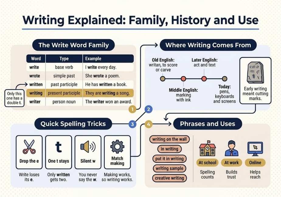 A 4-panel educational flat-design infographic titled "Writing Explained: Family, History and Use". Panel 1 outlines "The Write Word Family" in a table format, highlighting that only "written" uses a double "t". Panel 2 displays an etymology timeline tracing the word from Old English "writan" to modern usage. Panel 3 presents four quick spelling tricks (drop the e, one t stays, silent w, match making). Panel 4 details common phrases like "writing on the wall" and key contexts where spelling counts, such as school, work, and online communication.