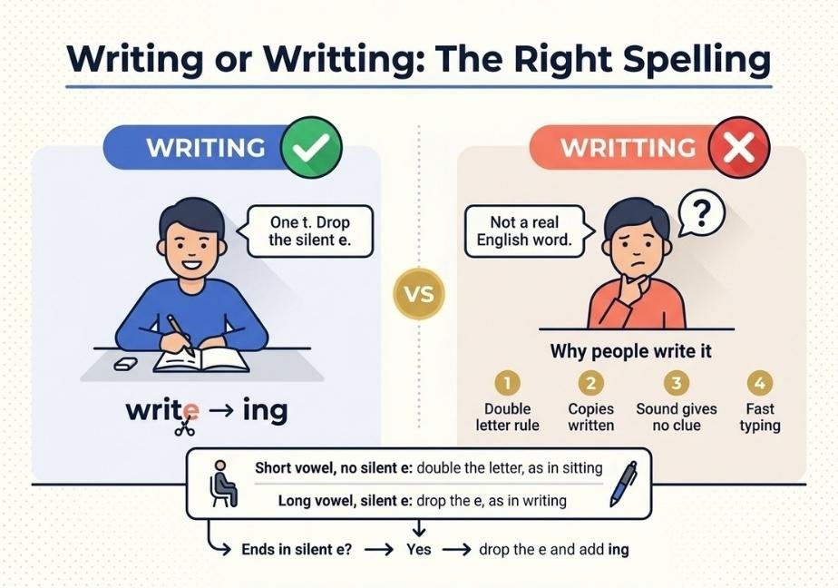 A 2-column educational flat-design infographic titled "Writing or Writting: The Right Spelling". The left column marks "WRITING" with a green checkmark, illustrating a person writing at a desk alongside a spelling graphic showing the word "write" losing its silent "e" before adding "ing". The right column marks "WRITTING" with a red X as an incorrect spelling and lists four reasons why people make the mistake. A bottom banner contrasts short-vowel double-consonant words like "sitting" with long-vowel silent-e words like "writing".