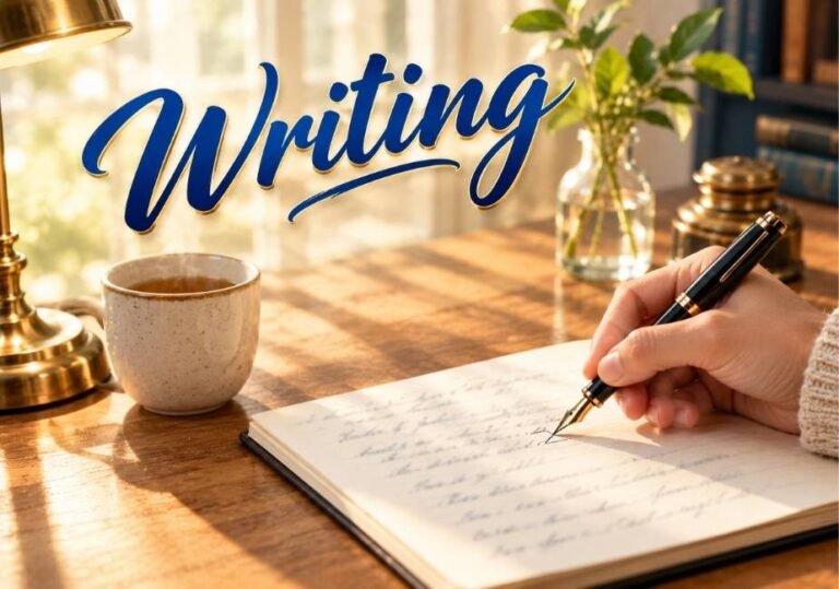 An editorial lifestyle photograph set on a sunlit wooden desk showing a hand writing with a black fountain pen in an open journal. Beside the notebook sits a steaming mug of tea, a brass desk lamp, an inkwell, and a small glass vase with fresh green foliage. Centered across the upper area is the bold, calligraphic word "Writing" rendered in vibrant royal blue brush script with a delicate gold edge highlight.