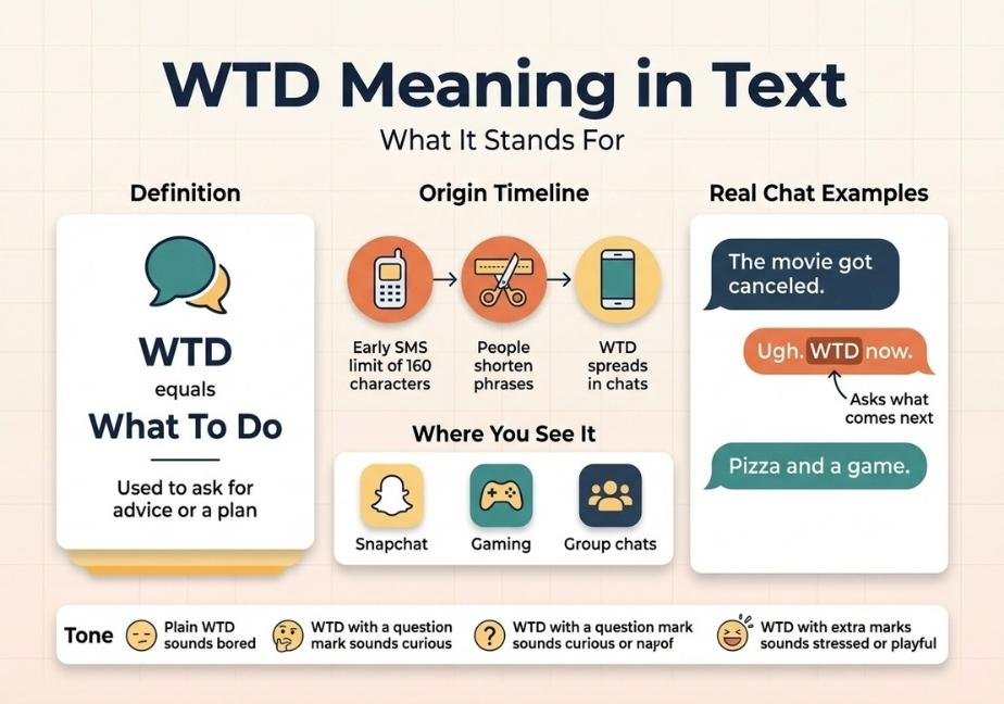 An informational infographic titled "WTD Meaning in Text: What It Stands For." WTD equals "What To Do," used to ask for advice or a plan. It includes an origin timeline, real chat examples, places it is commonly seen, and tones of voice.