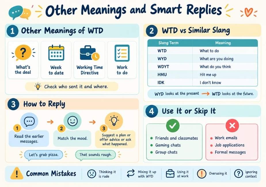 WTD slang infographic showing other meanings, similar slang, smart replies, usage tips, and common mistakes.