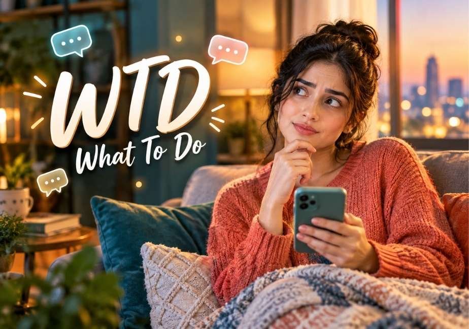 WTD meaning in text with a young adult using a smartphone in a cozy living room.