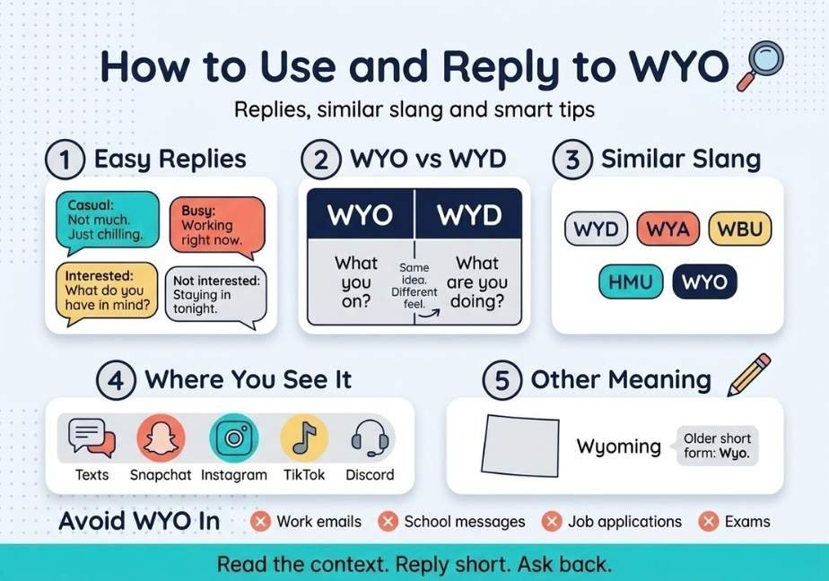 Matching flat infographic titled "How to Use and Reply to WYO" with subtitle "Replies, similar slang and smart tips".