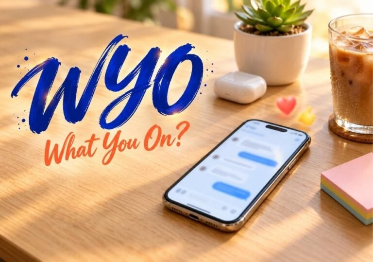 A wooden desk set in warm sunlight featuring bold brush-lettered text that reads "WYO" in blue ink, with "What You On?" written below in orange. Next to the text lies a smartphone displaying a chat screen, surrounded by a succulent plant, wireless earbuds, a glass of iced coffee, sticky notes, and small heart and thumbs-up emoji icons.