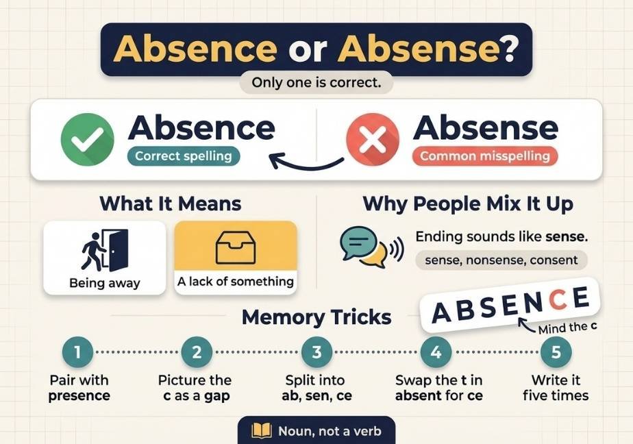 Alt Text: A flat-design educational infographic titled "Absence or Absense? Only one is correct." set against an off-white grid background. The graphic features a split panel comparing "Absence" (labeled as correct spelling with a green checkmark) and "Absense" (labeled as common misspelling with a red X) with a curved arrow pointing from the wrong to the right spelling. Below, a "What It Means" section features cards for "Being away" and "A lack of something," alongside a "Why People Mix It Up" panel noting that the ending sounds like sense. Further down, a "Memory Tricks" timeline lists five tips, accompanied by a callout banner highlighting the letter "c" in "ABSENCE," and a footer noting "Noun, not a verb."   