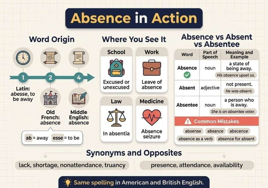 Alt Text: A flat-design infographic titled "Absence in Action" on an off-white grid background detailing word origins, usage, and related terms. On the left, a "Word Origin" section traces the word from Latin to Middle English with an etymology breakdown of "ab = away" and "esse = to be." The center section, "Where You See It," displays four category tiles: School ("Excused or unexcused"), Work ("Leave of absence"), Law ("In absentia"), and Medicine ("Absence seizure"). On the right, a comparison table outlines "Absence vs Absent vs Absentee" with part of speech definitions and example sentences, followed by a coral warning box listing common misspelling chips. The bottom section displays chips for synonyms and opposites, anchored by a footer stating "Same spelling in American and British English."   