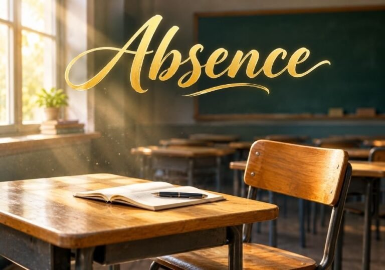 Alt Text: An empty classroom bathed in warm morning sunlight streaming through a window on the left. In the foreground, an open notebook with a pen rests on a wooden student desk next to an empty wooden chair. In the background, additional empty desks face a chalkboard on the wall. Suspended prominently in the upper middle of the frame is the word "Absence," written in a glowing gold, elegant cursive script.