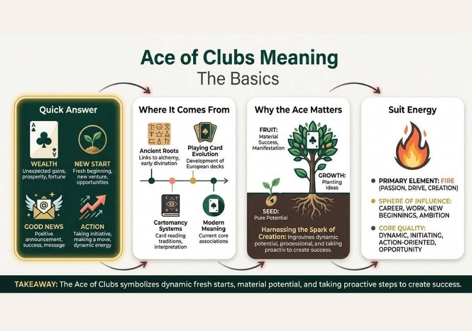 Modern flat infographic titled "Ace of Clubs Meaning: The Basics" on off-white background with 4 cards covering Quick Answer, History, Seed-to-Tree growth, and Suit Energy.