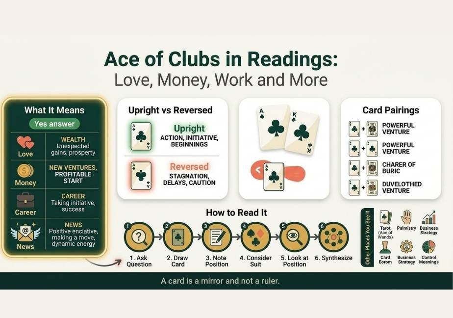 Flat infographic titled "Ace of Clubs in Readings: Love, Money, Work and More" with a meanings table, Upright vs Reversed card, Card Pairings, and 6-step process flow.