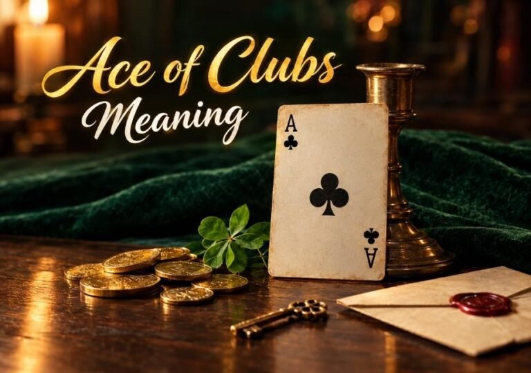 Warm still-life photo of an vintage Ace of Clubs standing against a brass candlestick next to gold coins, a green clover, a skeleton key, and a sealed envelope on a wooden table.