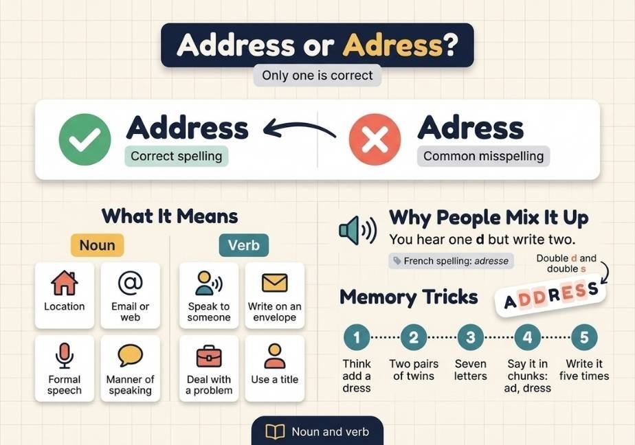 Alt Text: A flat-design educational infographic titled "Address or Adress? Only one is correct." set on an off-white grid background. The top comparison panel shows "Address" with a green checkmark as the correct spelling and "Adress" with a red X as a common misspelling. Below, the "What It Means" section categorizes definitions into "Noun" (Location, Email or web, Formal speech, Manner of speaking) and "Verb" (Speak to someone, Write on an envelope, Deal with a problem, Use a title). On the right, "Why People Mix It Up" highlights hearing one "d" while writing two. Lower sections include a 5-step "Memory Tricks" sequence, a sticker highlighting double "d" and double "s" in "ADDRESS," and a footer noting "Noun and verb."   