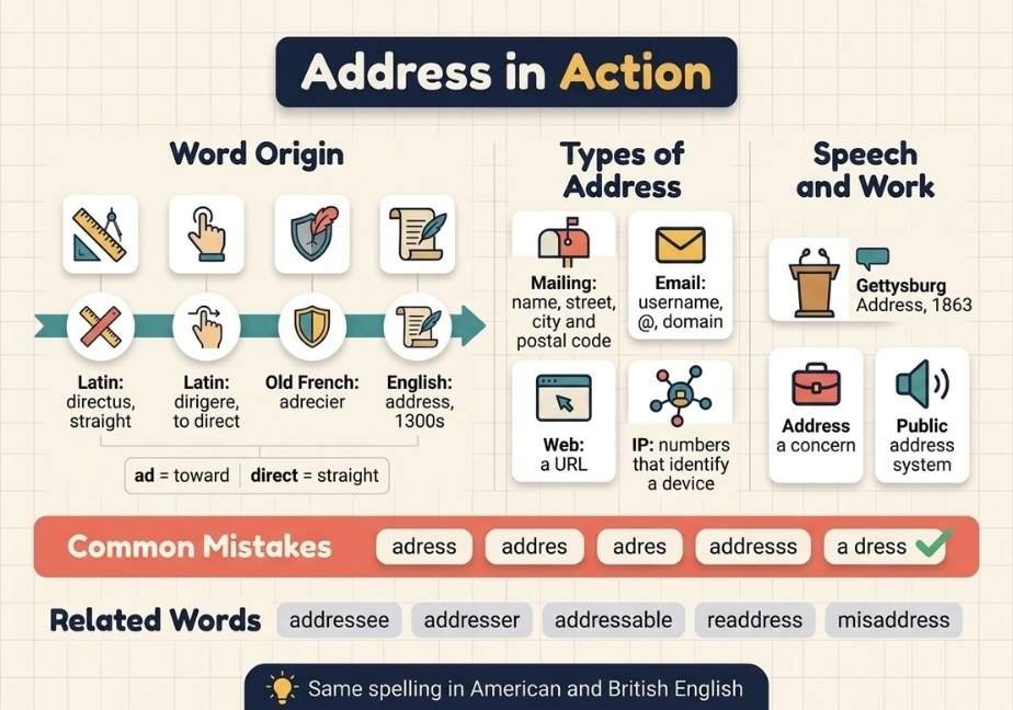 Alt Text: A flat-design educational infographic titled "Address in Action" on an off-white grid background. The "Word Origin" section traces etymology through a four-node timeline from Latin roots to English in the 1300s. The "Types of Address" section displays tiles for Mailing, Email, Web, and IP addresses, while "Speech and Work" features examples like the Gettysburg Address, addressing a concern, and public address systems. Near the bottom, a coral "Common Mistakes" banner displays misspellings ("adress," "addres," "adres," "addresss," "a dress") alongside a green check for "address," followed by chips for "Related Words" and a footer banner stating "Same spelling in American and British English."   