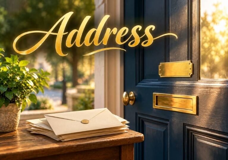 Alt Text: An exterior view of a home entrance bathed in warm, golden sunlight. On the right, a deep blue wooden front door features a brass door handle, a brass mail slot, and a blank brass address plate. To the left, a potted green plant and a neat stack of sealed cream-colored envelopes rest on a rustic wooden table. In the upper left area, floating against the softly blurred outdoor background, the word "Address" is written in an elegant, glowing gold cursive script.