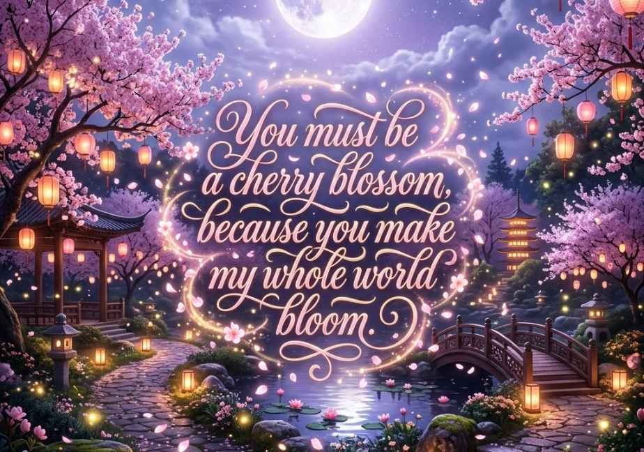 "Moonlit garden graphic with cherry blossoms and the romantic quote 'You must be a cherry blossom, because you make my whole world bloom'."