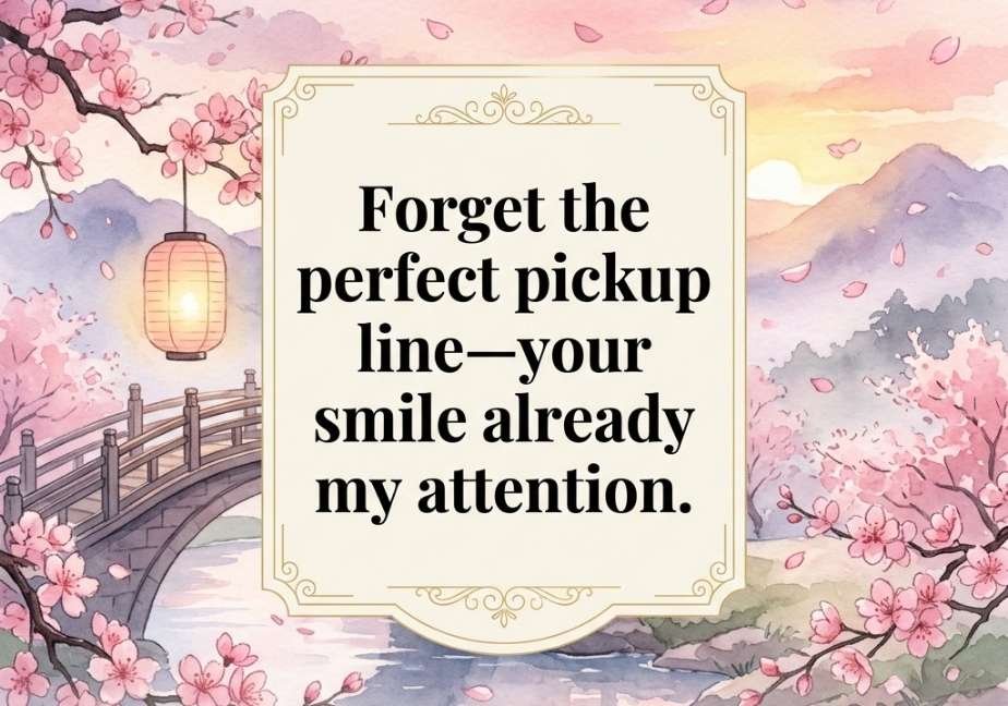"Watercolor aesthetic illustration of a garden bridge with the text 'Forget the perfect pickup line—your smile already has my attention'."