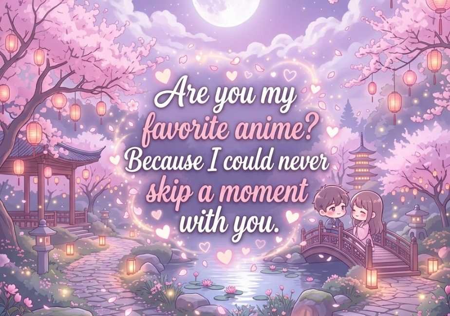 "Cute anime aesthetic graphic under the moon with the text 'Are you my favorite anime? Because I could never skip a moment with you'."