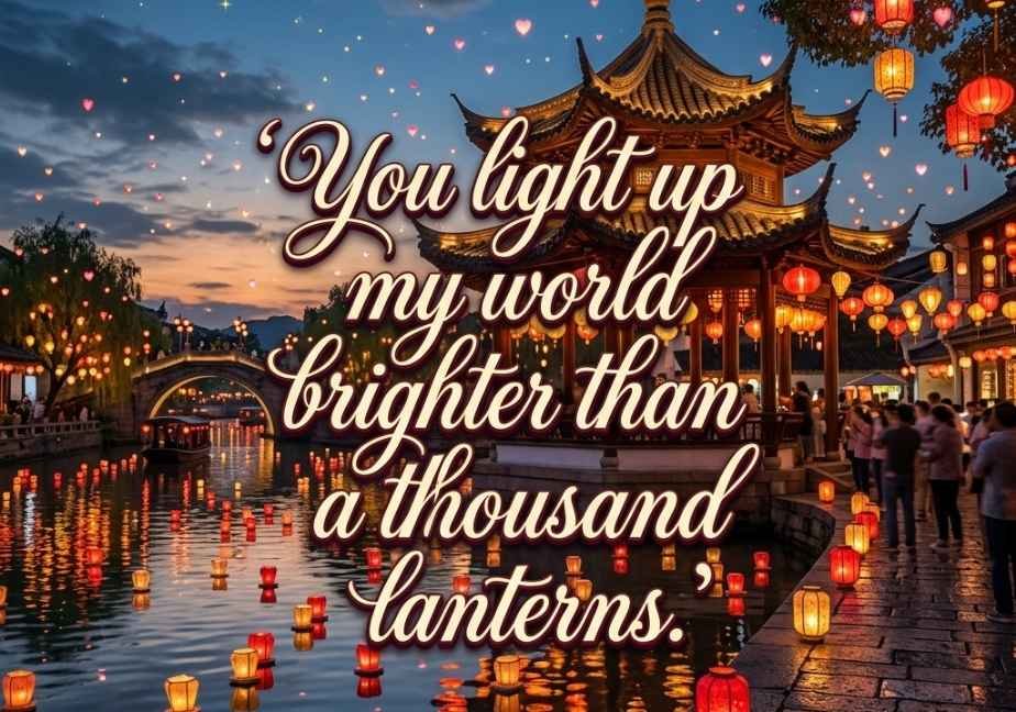 "Twilight lantern festival over water with the quote 'You light up my world brighter than a thousand lanterns'."