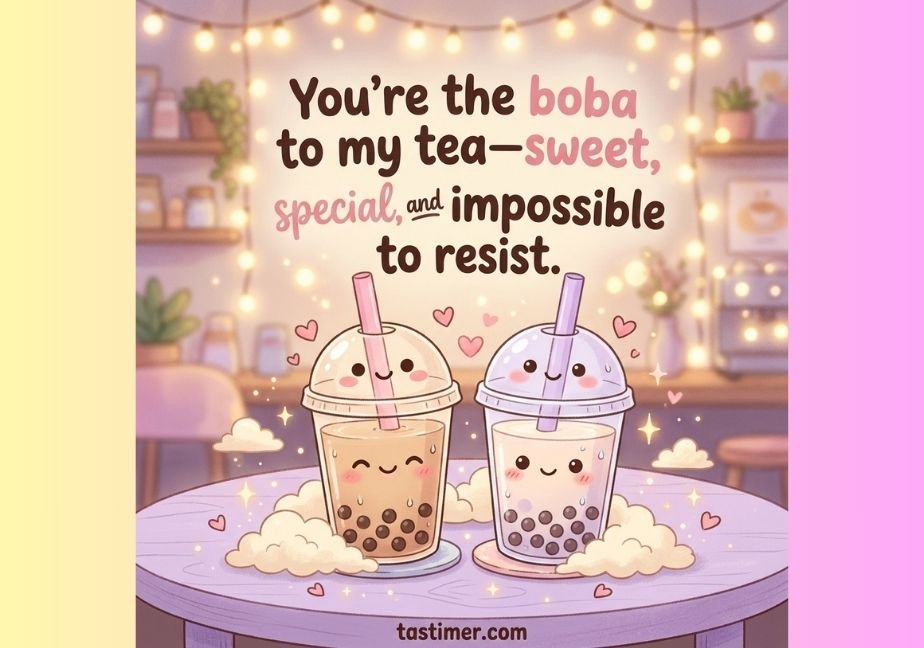 "Pastel cafe illustration with smiling boba tea cups and the text 'You're the boba to my tea—sweet, special, and impossible to resist'."