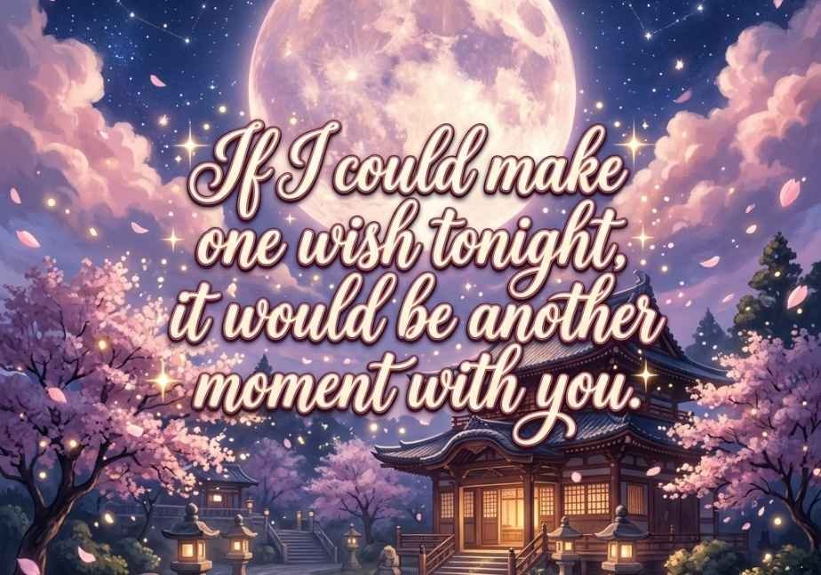 "Night sky with full moon over an East Asian temple with the quote 'If I could make one wish tonight, it would be another moment with you'."
