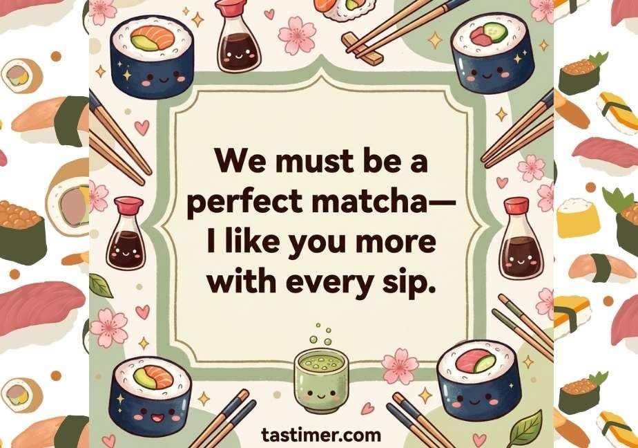 "Cute food illustration of sushi and matcha with the quote 'We must be a perfect matcha—I like you more with every sip'."   