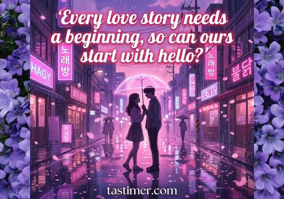 "Rainy neon-lit city street with a couple under an umbrella and the quote 'Every love story needs a beginning, so can ours start with hello?'."