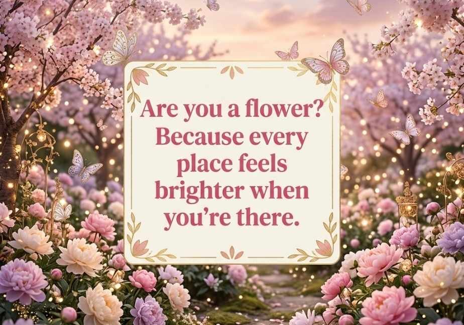 "Pastel flower garden with butterflies and the quote 'Are you a flower? Because every place feels brighter when you're there'."