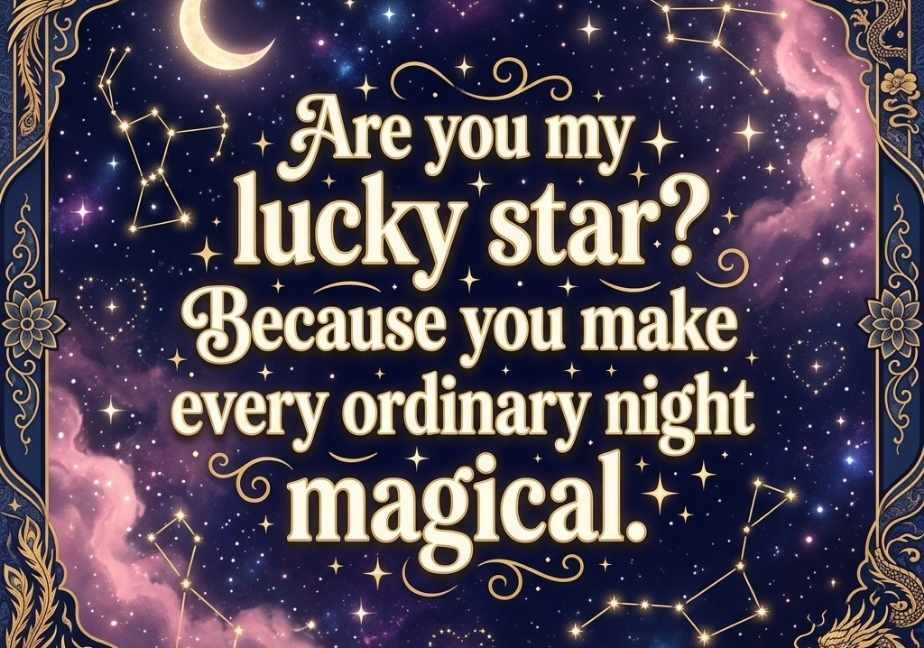 "Cosmic night sky with glowing stars and the quote 'Are you my lucky star? Because you make every ordinary night magical'."