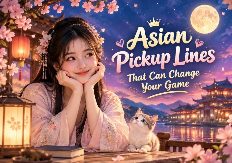 "Mystical fantasy banner with a girl, a kitten, cherry blossoms, and the text 'Asian Pickup Lines That Can Change Your Game'."