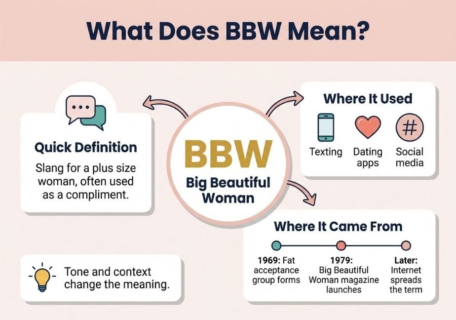 "BBW meaning infographic explaining quick definition, usage on dating apps and social media, and origin timeline.