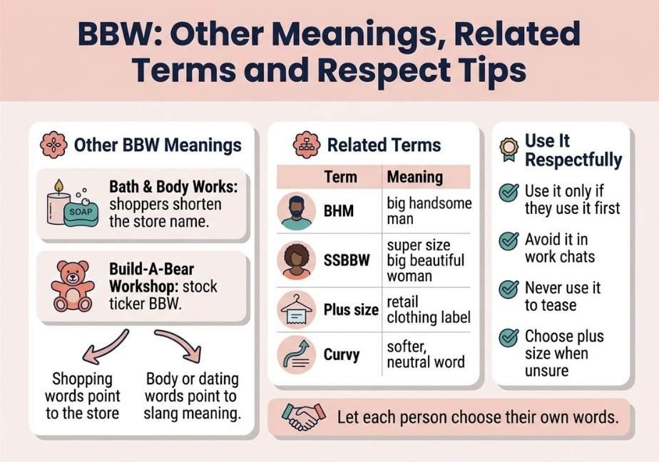 "Infographic panel detailing other BBW meanings, related terms comparison table, and respectful usage tips."