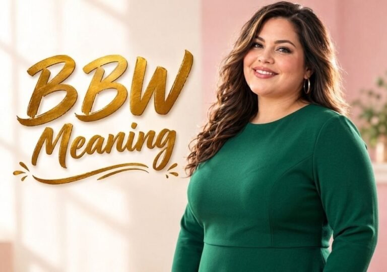 "Smiling woman wearing a full-coverage modest green long-sleeve dress next to gold 'BBW Meaning' text."