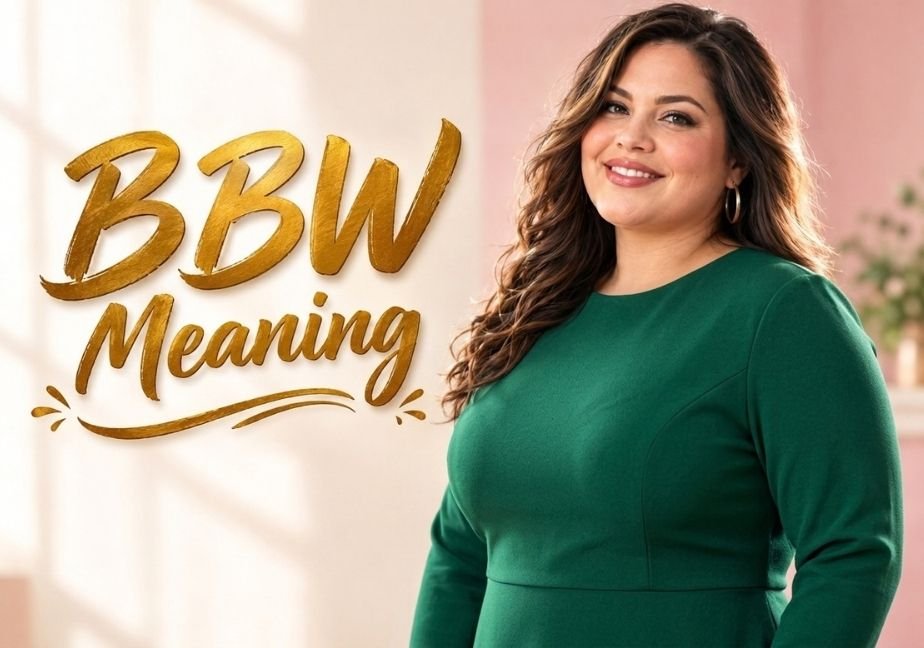 "Smiling woman wearing a full-coverage modest green long-sleeve dress next to gold 'BBW Meaning' text."