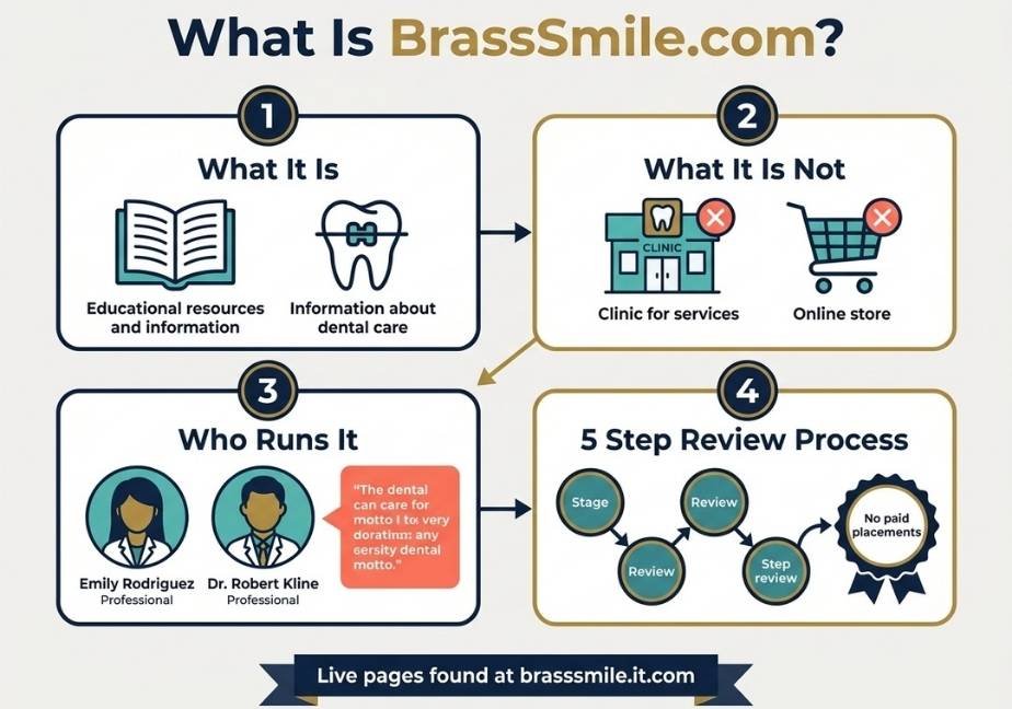 Flat infographic "What Is BrassSmile.com?" outlining site info, non-clinic status, team profiles, and review process in 4 cards.