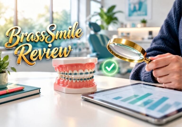 Photo with gold text reading "BrassSmile Review" showing a hand holding a magnifying glass over a dental model with braces on an office desk.