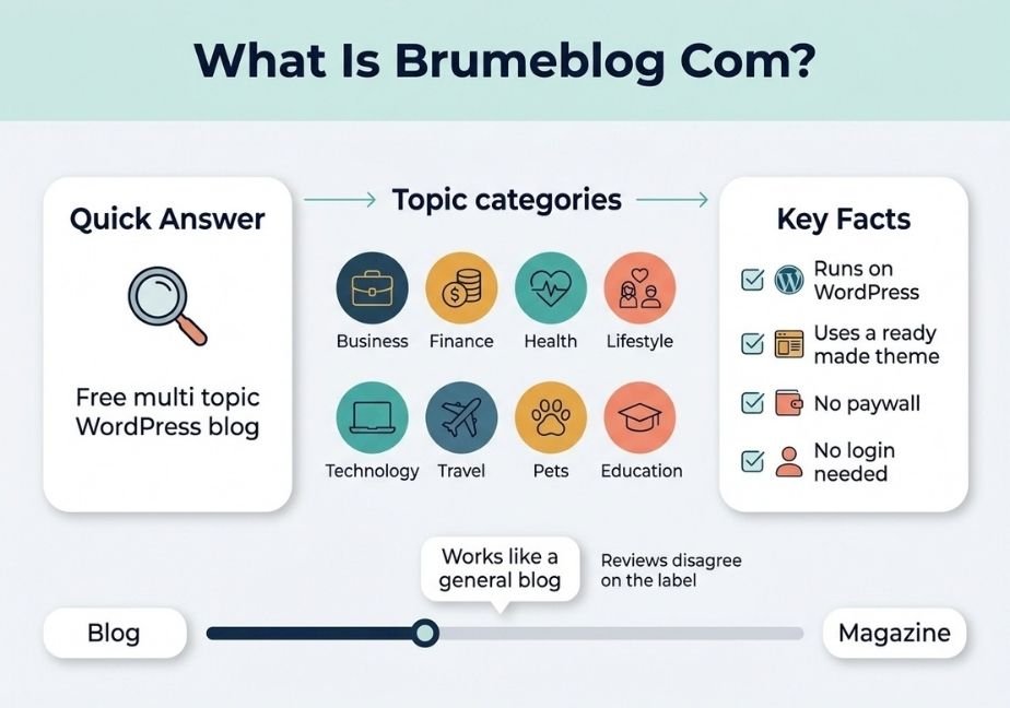 Flat design infographic titled "What Is Brumeblog Com?" explaining the blog structure, key topic categories, and key platform facts.