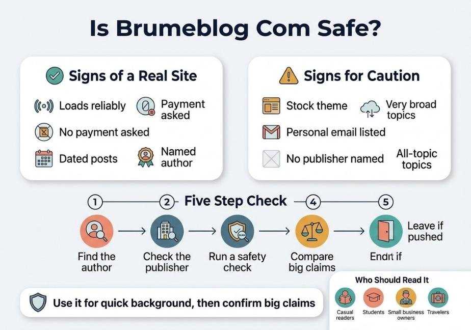 Flat design infographic titled "Is Brumeblog Com Safe?" detailing safety signs, caution indicators, a five-step evaluation process, and audience recommendations.
