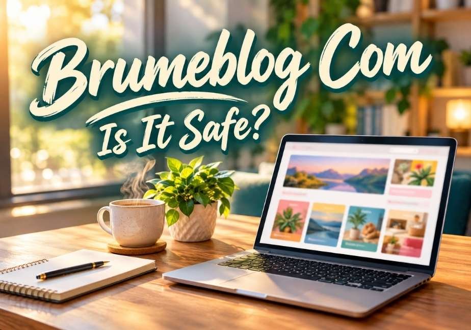 A open laptop displaying a website grid on a sunny wooden desk next to a steaming mug, with styled text overlay reading "Brumeblog Com: Is It Safe?".