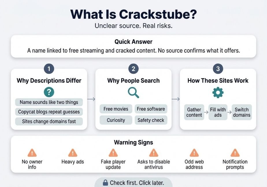 A flat design infographic titled "What Is Crackstube? Unclear source. Real risks." against a light gray background. It features three main sections: A top "Quick Answer" box stating that Crackstube is linked to free streaming without verified sources; a middle section with three numbered cards explaining "Why Descriptions Differ," "Why People Search," and "How These Sites Work"; a bottom "Warning Signs" strip showing six orange warning triangles highlighting risks like heavy ads, fake updates, and missing owner info; and a bottom banner with a lock icon reading "Check first. Click later."
