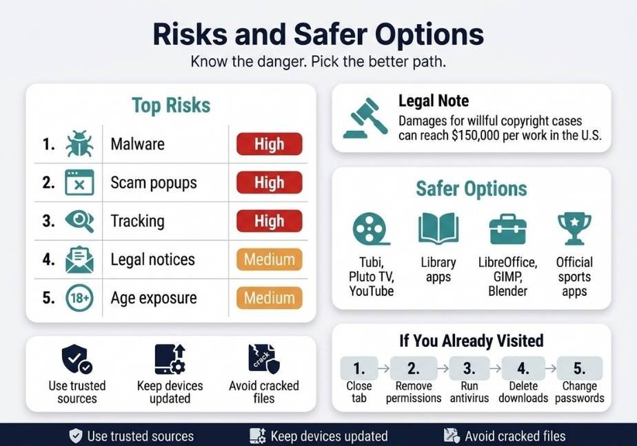 A flat design infographic titled "Risks and Safer Options: Know the danger. Pick the better path." matching the style of the first image. The left side displays a "Top Risks" table rating Malware, Scam popups, and Tracking as High risk, with Legal notices and Age exposure as Medium risk. The right side features three sections: a "Legal Note" box on copyright fine risks; a "Safer Options" card listing legitimate streaming, library, software, and sports apps; and a 5-step process flow titled "If You Already Visited" guiding steps from closing the tab to changing passwords. A footer strip highlights three key safety tips along the bottom.