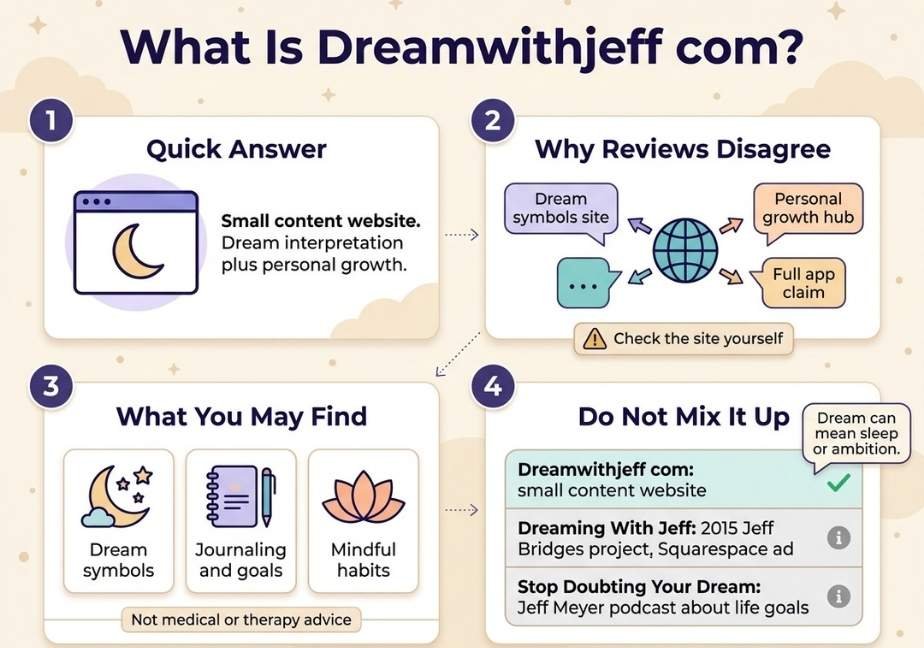 Modern flat design infographic explaining Dreamwithjeff com in four numbered sections with a soft cream, indigo, and pastel palette. Section 1 shows a browser icon with a crescent moon labeled "Quick Answer". Section 2 features a globe and speech bubbles titled "Why Reviews Disagree". Section 3 displays icons for dream symbols, journaling, and mindful habits titled "What You May Find". Section 4 compares Dreamwithjeff com to Jeff Bridges' album and Jeff Meyer's podcast under "Do Not Mix It Up".