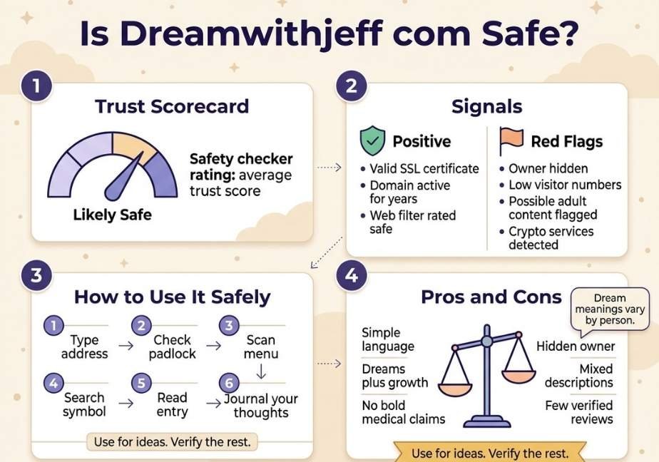 Flat design educational infographic asking "Is Dreamwithjeff com Safe?" against a cream and pastel background with cloud elements. Section 1 features a trust scorecard gauge set to "Likely Safe". Section 2 lists positive signals like SSL certificate alongside red flags like hidden owner. Section 3 outlines a six-step process flow titled "How to Use It Safely". Section 4 shows a balance scale weighing pros and cons, completed with a gold takeaway ribbon at the bottom reading "Use for ideas. Verify the rest."