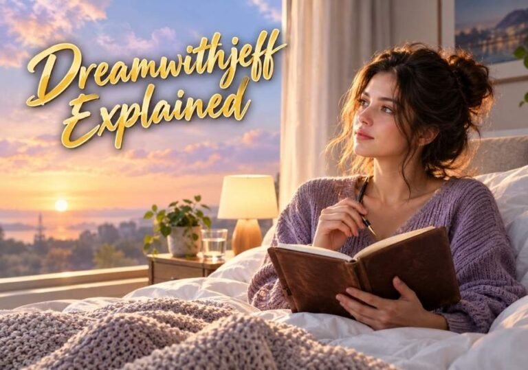 A young woman wearing a purple knit sweater sitting in a sunlit bed at sunrise, thoughtfully holding a pen to an open journal. The scene overlooks a scenic outdoor horizon with glowing morning light, featuring gold elegant text in the top left corner that reads "Dreamwithjeff Explained".