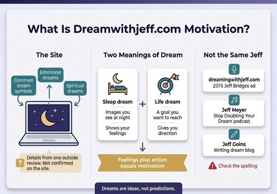 Flat design infographic titled “What Is Dreamwithjeff.com Motivation?” breaking down site details, sleep vs. life dreams, and spelling differences among creators named Jeff.
