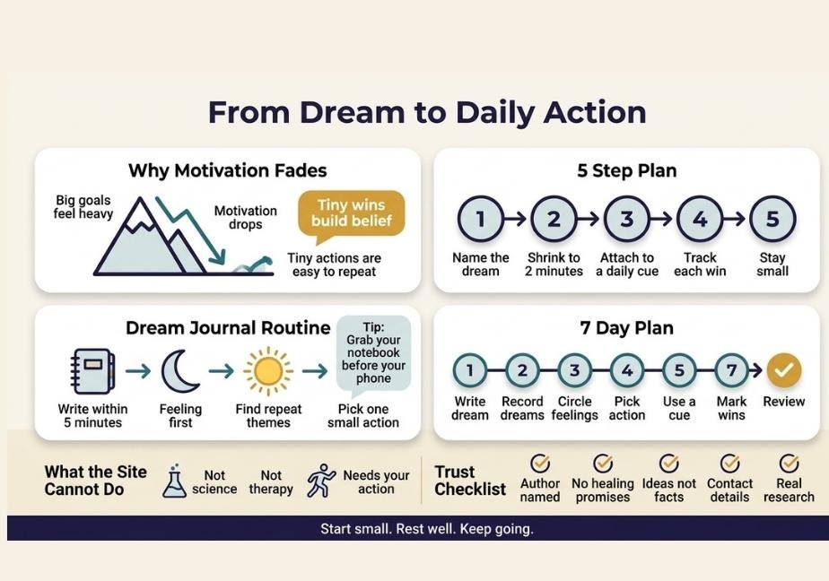 Four-panel infographic titled “From Dream to Daily Action” detailing goal motivation, a 5-step action plan, a dream journal routine, and a 7-day habit tracker.