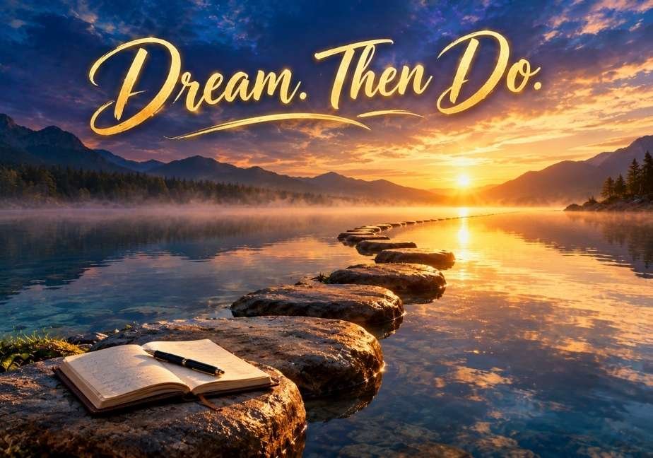 Serene sunrise lake landscape featuring stepping stones across calm waters, an open journal on a rock in the foreground, and gold text reading “Dream. Then Do.”