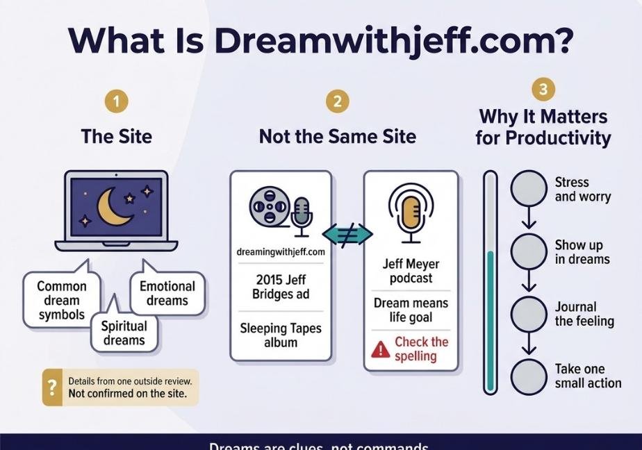 Flat design infographic titled “What Is Dreamwithjeff.com?” explaining the website's features, domain differences, and productivity benefits using vector icons and flowcharts.