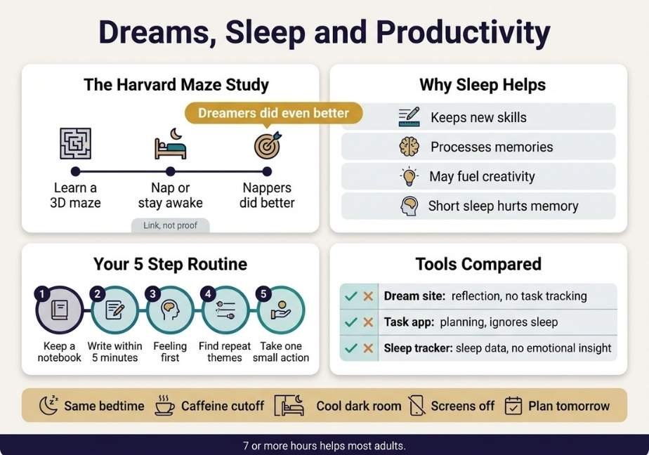 Four-section infographic titled “Dreams, Sleep and Productivity” covering sleep study results, memory benefits, a 5-step dream routine, and tool comparisons.