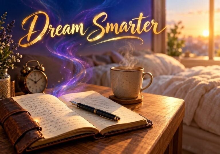 Cozy morning scene of an open leather journal, fountain pen, alarm clock, and steaming coffee on a wooden bedside table illuminated by sunrise light with gold “Dream Smarter” text.